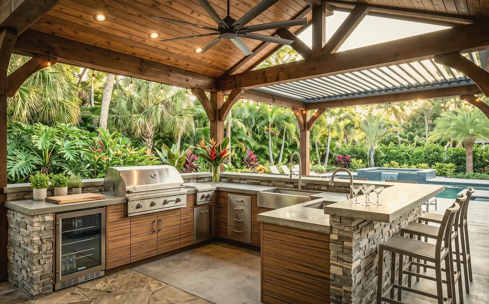 Built-in outdoor kitchen with a stone counter and grill